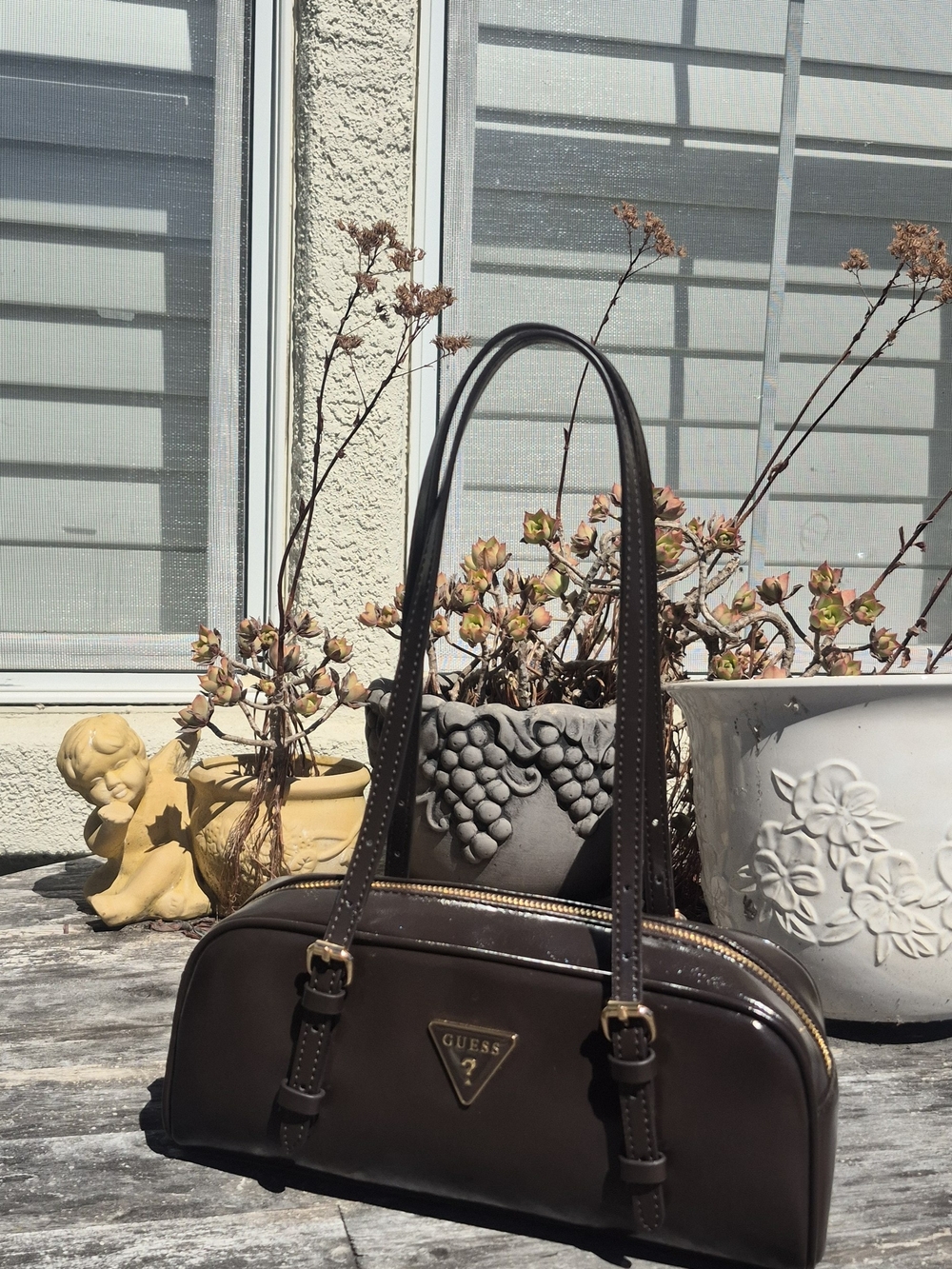 GUESS Brown Leather Double-Handle Shoulder Bag